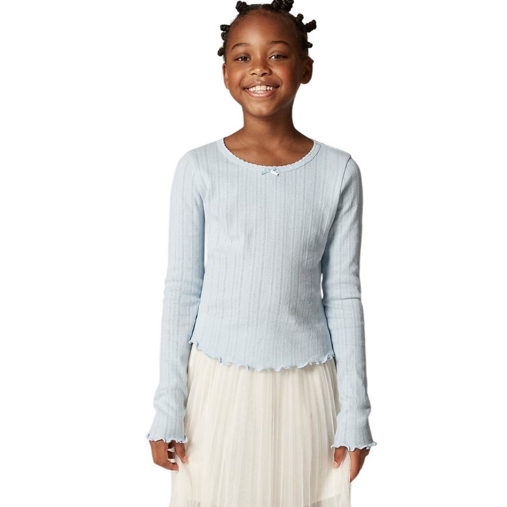Crewcuts J.Crew Girls Light‎ Blue Pointelle Bow Lettuce Edge Top XS 4-5 NEW $38